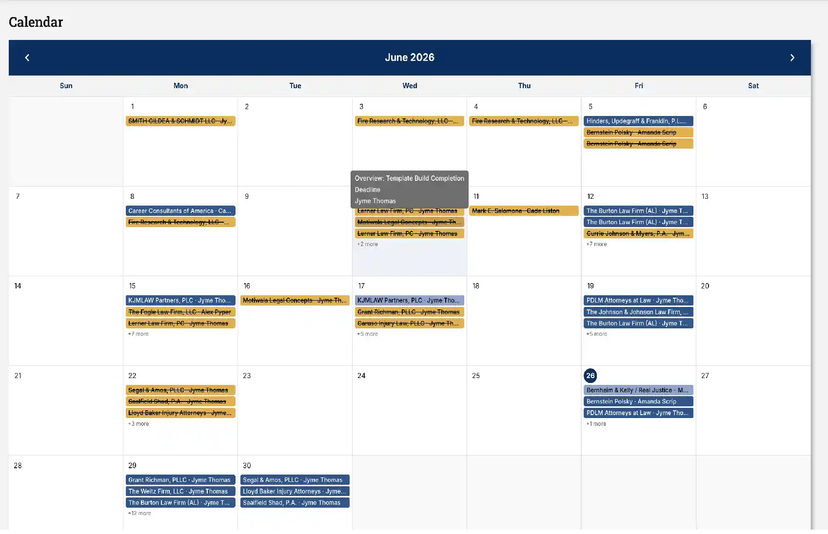 Firm-wide calendar of Filevine deadlines and events, color-coded by urgency