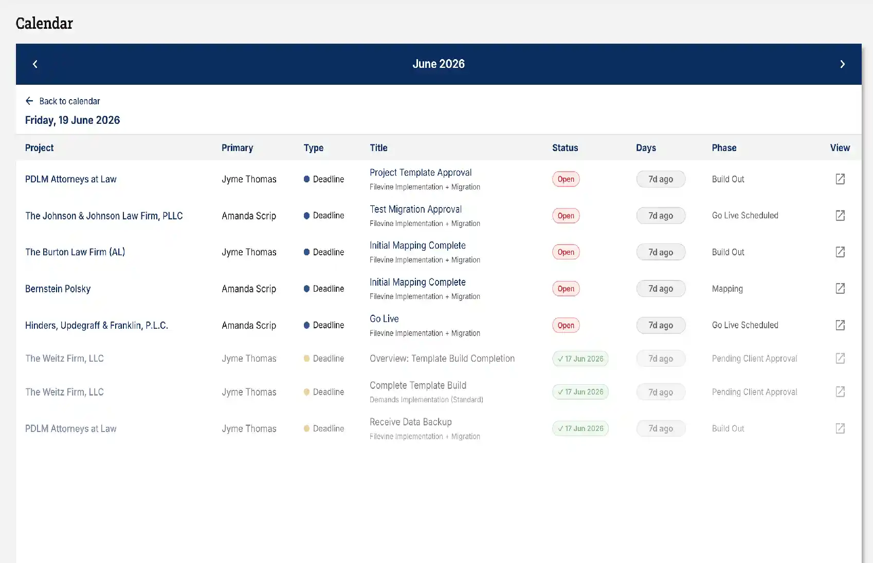 Upcoming-deadlines list view with critical, warning and info urgency levels