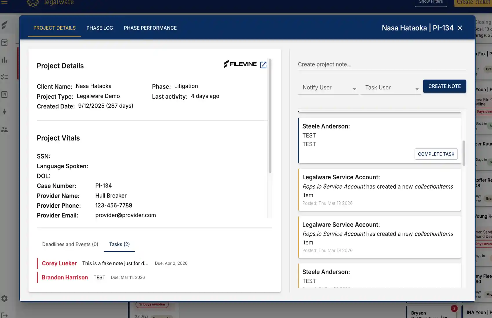 A single matter's detail view in Legalware, with its phase, tasks and deadlines